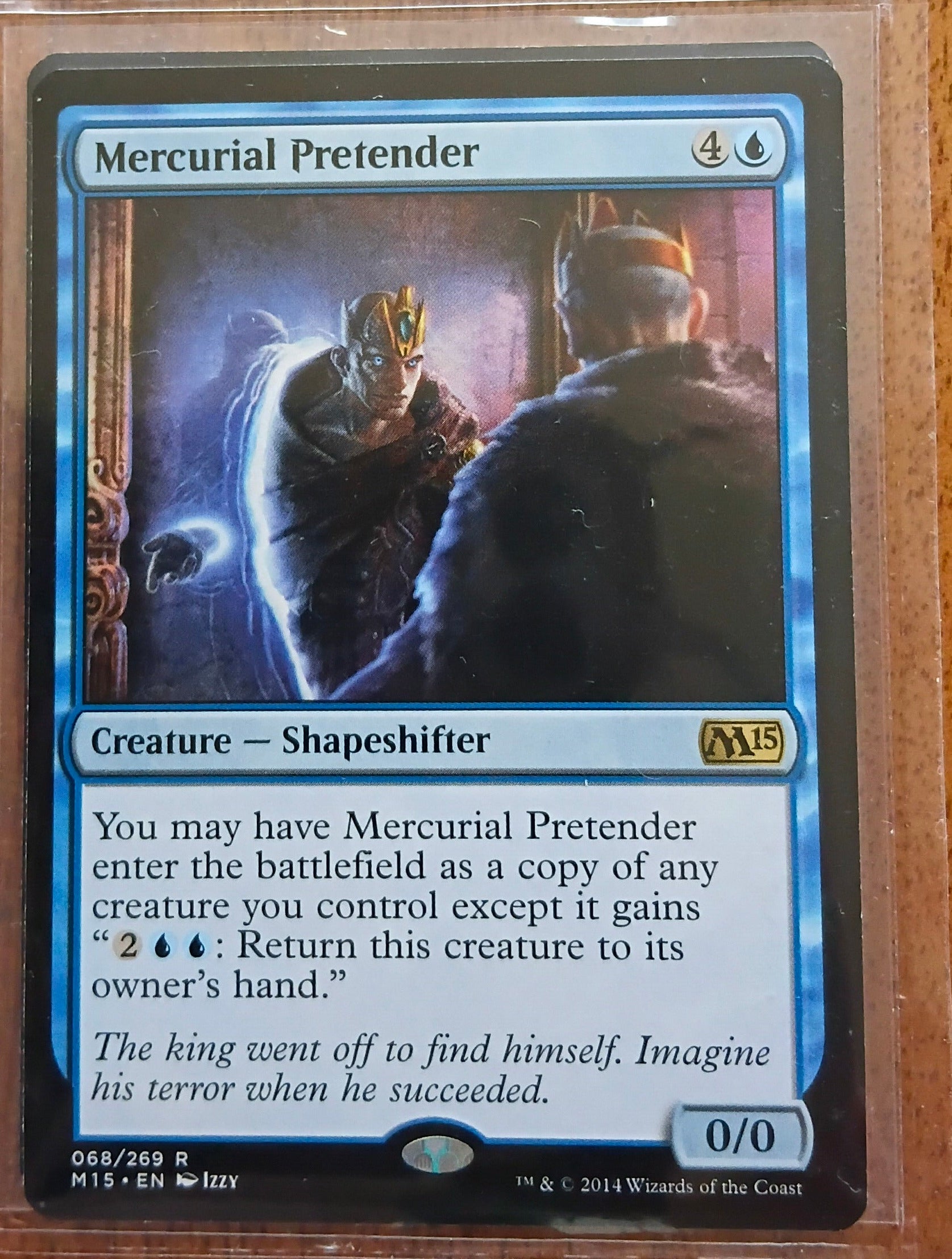 Mercurial Pretender card from a collectible card game on a wooden surface